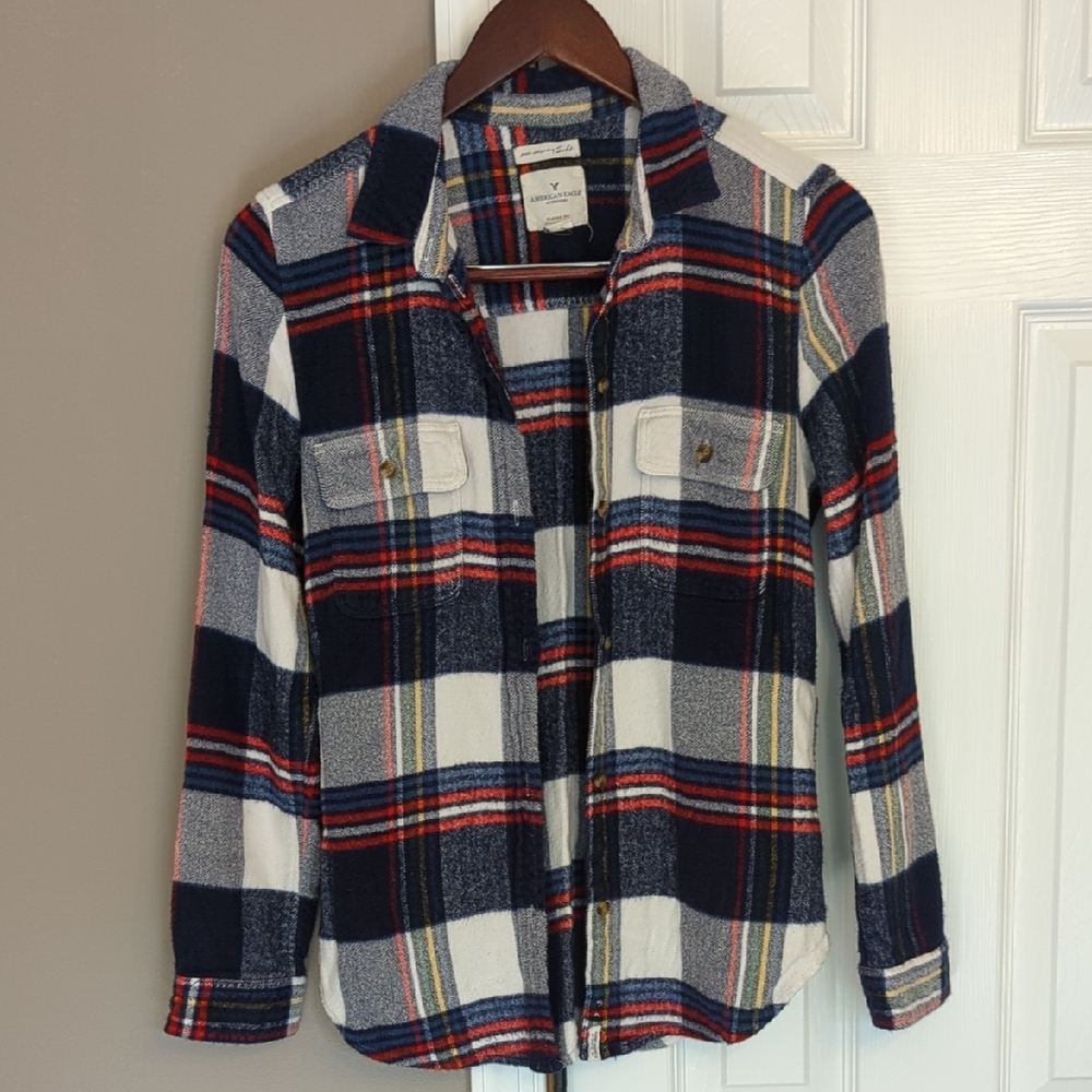 Women's American Eagle Outfitters Navy, White, Red & Yellow Plaid Shirt